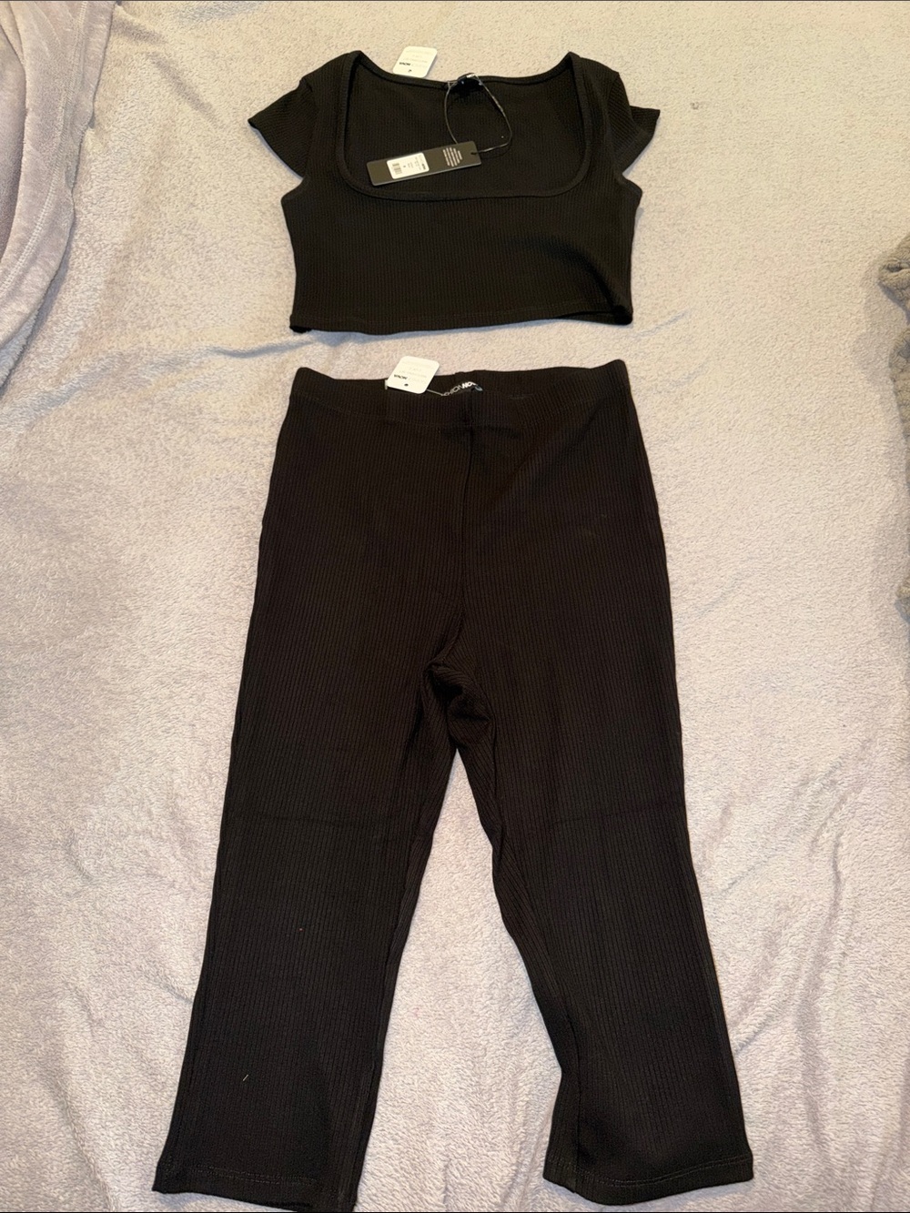 NWT Fashion Nova Ribbed Black Crop Top & High-Waist Knit Pants Set
